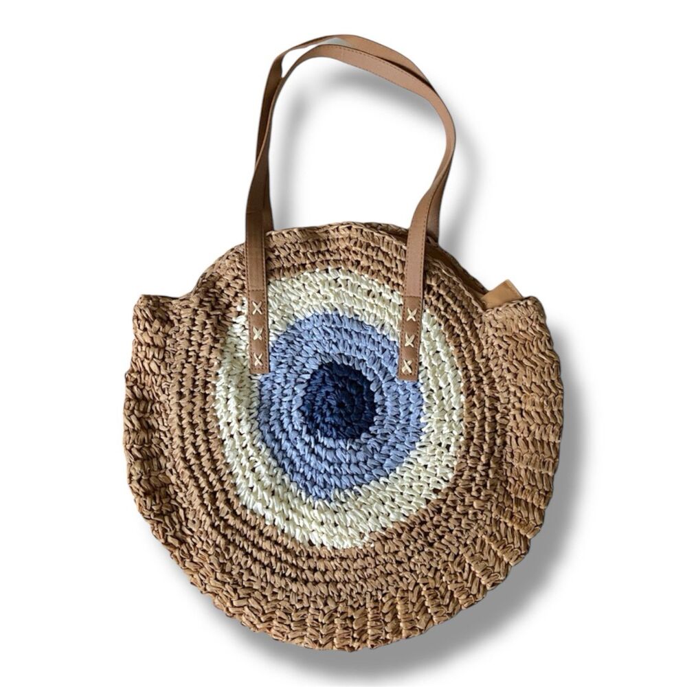 MadeFourYou Brown Large Circle Round Tote Bag W Beige Straps